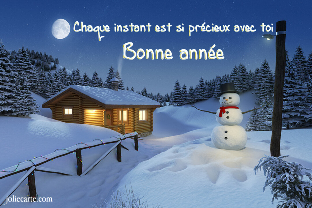 Une scène de nuit hivernale montre un chalet en bois illuminé, un bonhomme de neige et un ciel étoilé avec la pleine lune.