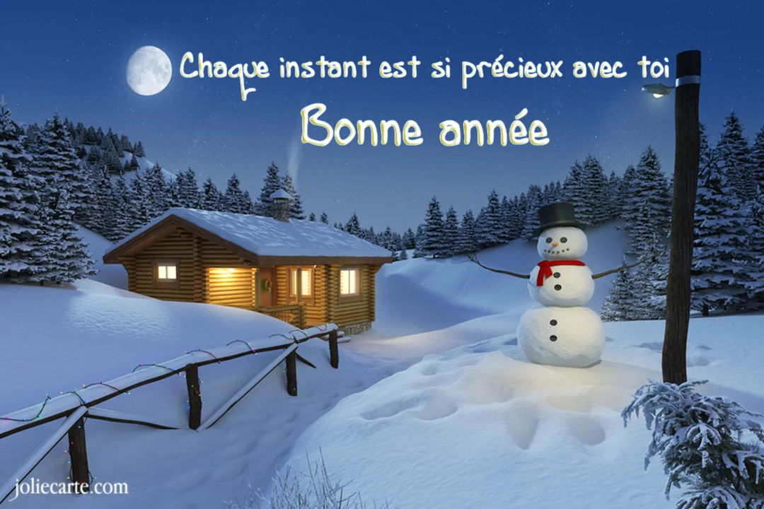 Une scène de nuit hivernale montre un chalet en bois illuminé, un bonhomme de neige et un ciel étoilé avec la pleine lune.