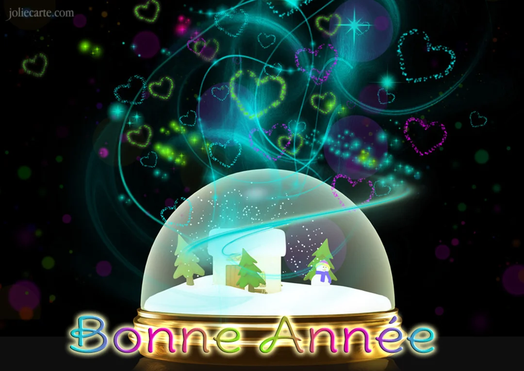 Une boule à neige dorée sur fond noir, libérant des volutes de lumière et des cœurs colorés au-dessus d'un paysage enneigé.