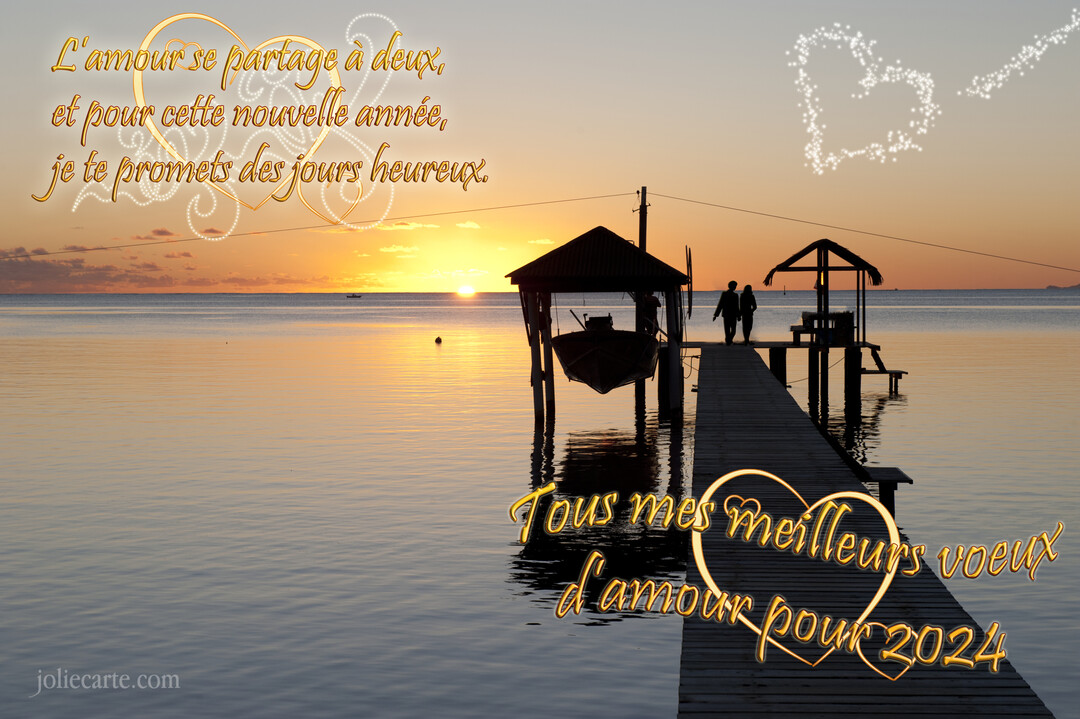 Un couple se tient la main sur un ponton en bois au-dessus de l'eau calme, face à un magnifique coucher de soleil orange.