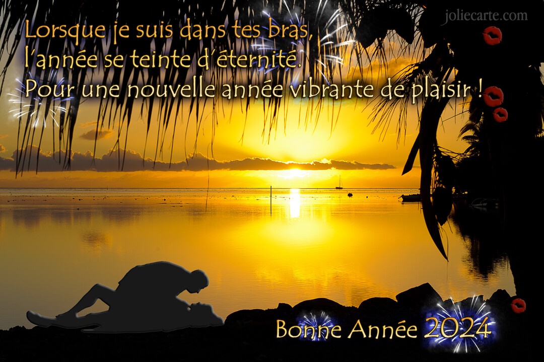 Silhouette d'un couple s'enlaçant sur une plage devant un coucher de soleil doré, avec des feux d'artifice et des vœux écrits.