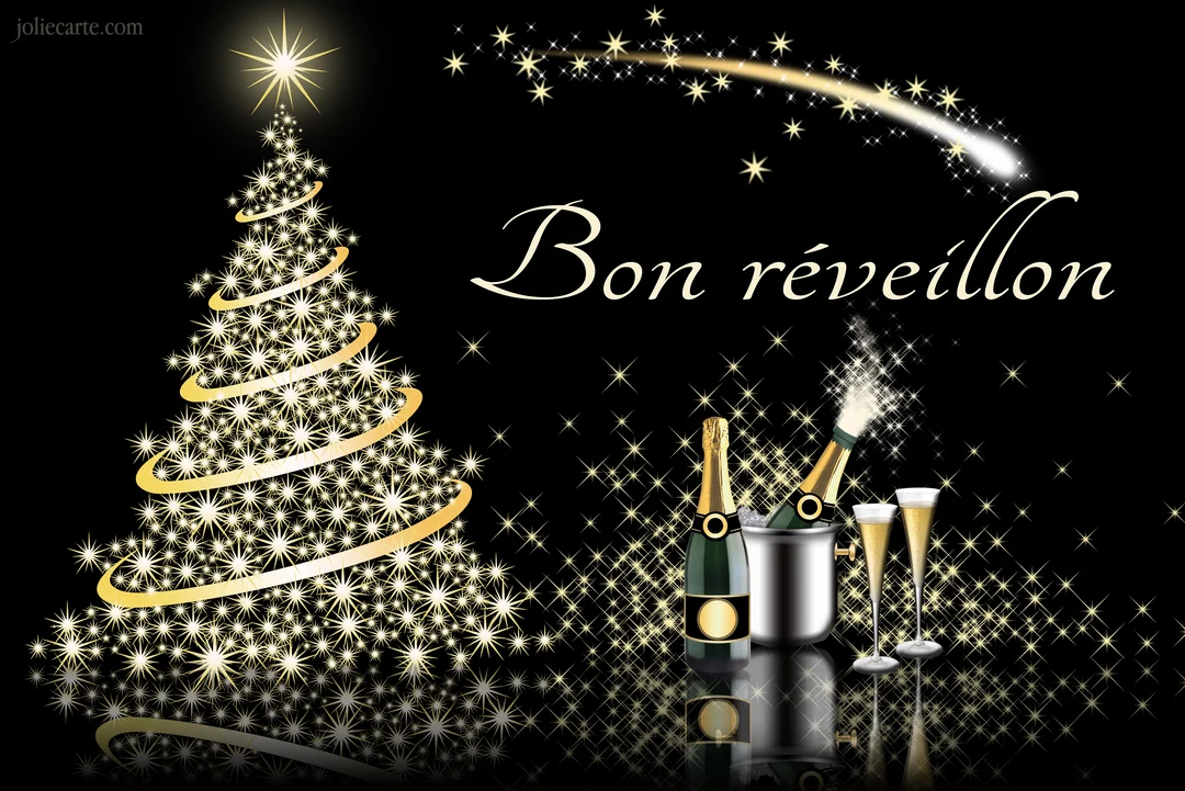 Une scène de réveillon sur fond noir, avec un sapin d'étoiles, du champagne, des flûtes et une étoile filante, le tout doré.