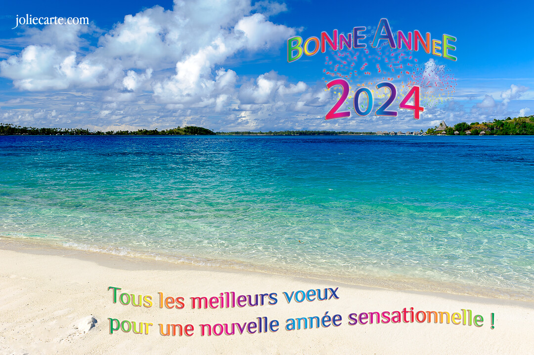 Paysage de plage exotique avec une mer turquoise et un ciel nuageux, sur lequel est écrit 'Bonne Année 2025' en lettres colorées.