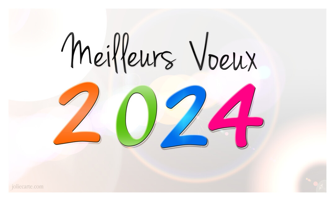 Une carte de vœux affichant 'Meilleurs Voeux 2025' avec les chiffres de l'année multicolores sur un fond blanc et lumineux.