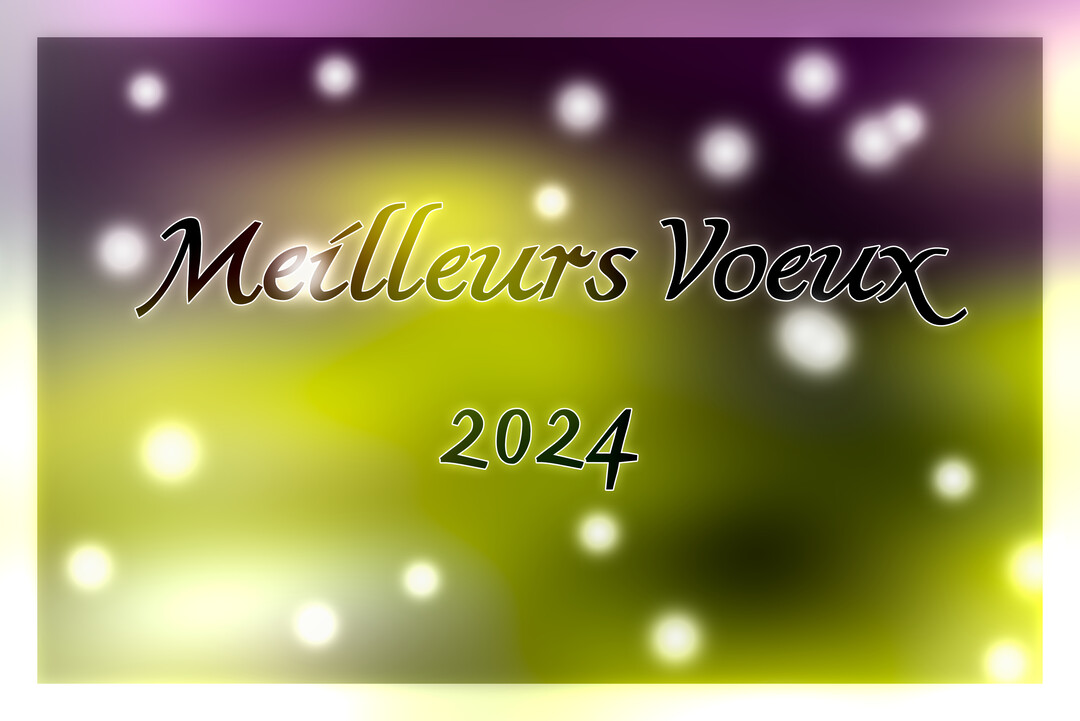 Le message "Meilleurs Vœux 2025" est inscrit en typographie élégante sur un fond abstrait dégradé de violet et jaune, parsemé de cercles lumineux.