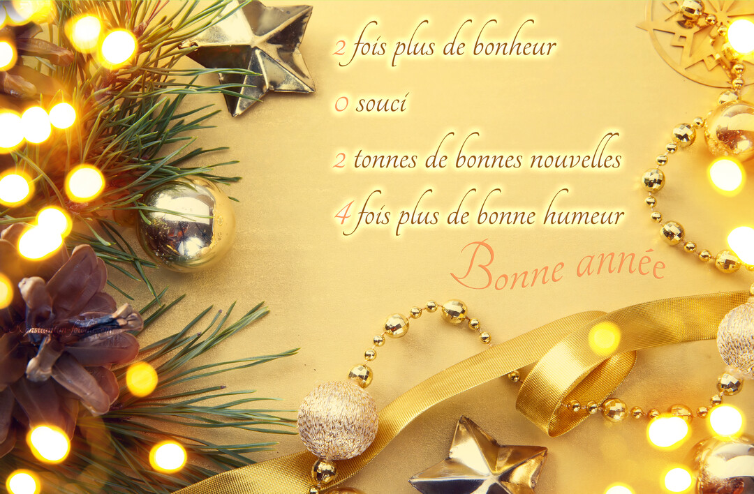 Une composition festive sur fond doré mat, avec branches de sapin, guirlandes lumineuses et perles, illustrant des vœux humoristiques pour la nouvelle année.