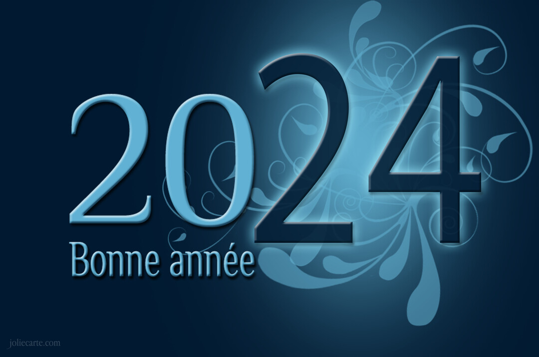Sur un fond bleu nuit orné de volutes, l'inscription 'Bonne année 2025' est mise en avant dans des teintes de bleu lumineuses.