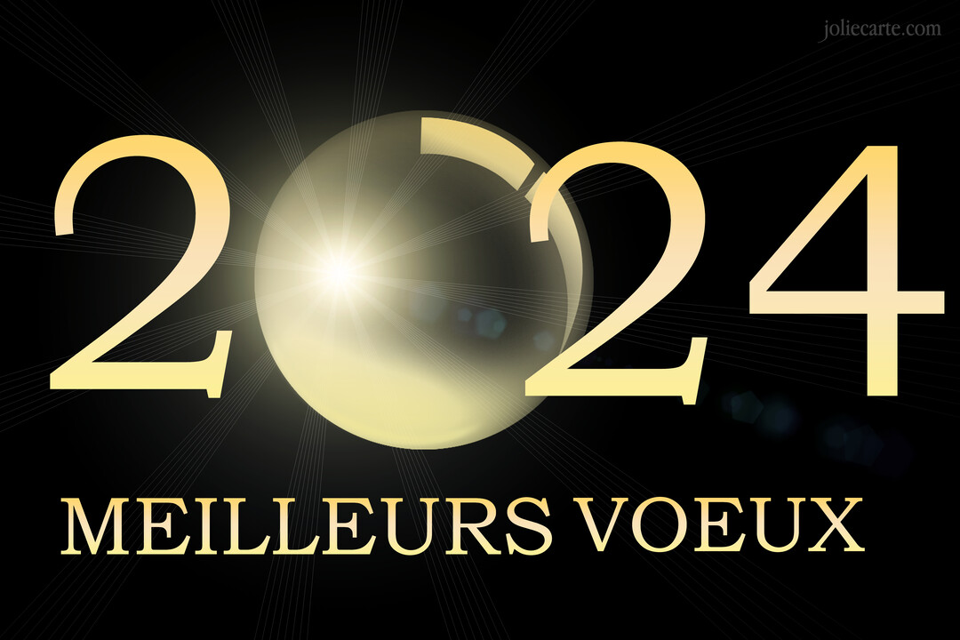 Sur un fond noir, l'inscription '2025' et 'Meilleurs vœux' en doré, où le chiffre zéro est une sphère éclatante de lumière.
