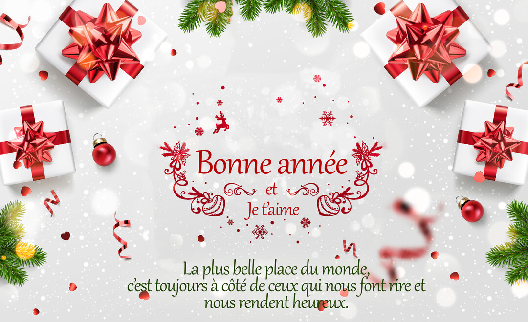 Composition festive pour le Nouvel An avec des cadeaux blancs à rubans rouges, des branches de sapin, et un message d'amour central.