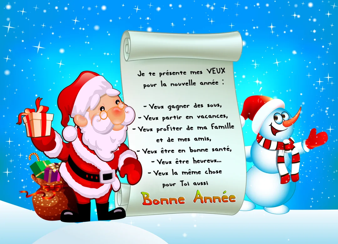 Le Père Noël et un bonhomme de neige souriant encadrent un grand parchemin listant des vœux humoristiques sur un fond bleu étoilé.
