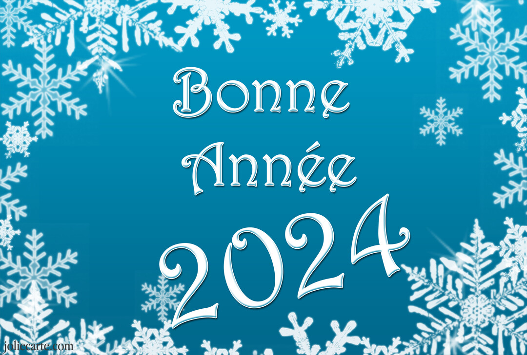 Une carte de vœux pour le Nouvel An 2025 présentant un texte blanc sur fond bleu, le tout encadré par des flocons de neige.