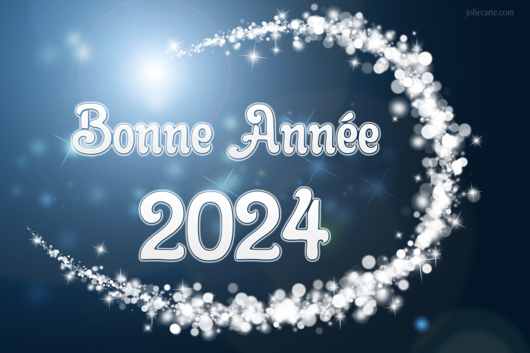 Sur un fond bleu foncé, le message 'Bonne Année 2025' est encerclé par un tourbillon de particules lumineuses et d'étoiles scintillantes.