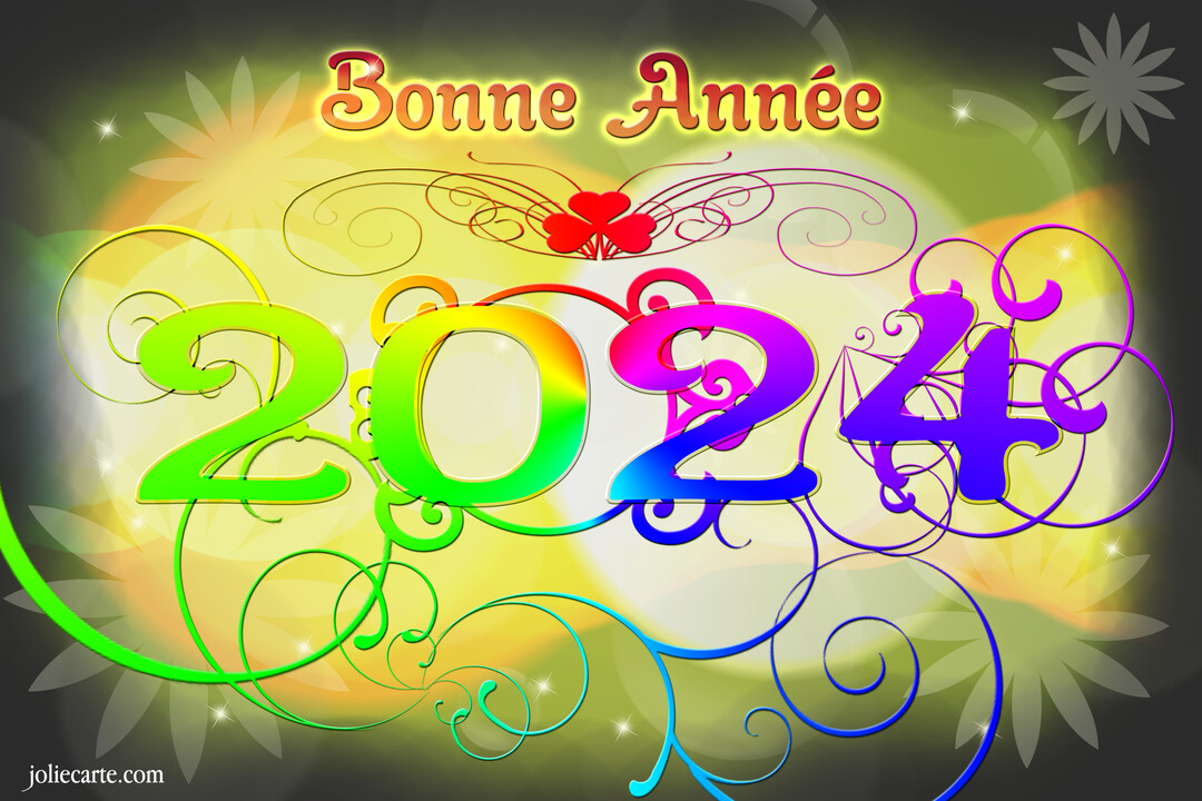 Une carte de vœux affichant 'Bonne Année 2025' avec des chiffres multicolores stylisés, des arabesques et des fleurs sur un fond scintillant.