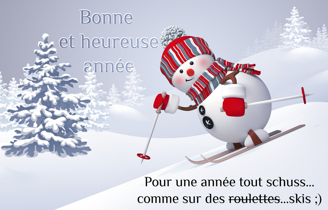 Un joyeux bonhomme de neige en 3D, avec bonnet et écharpe, dévale une piste de ski enneigée, entouré de sapins blancs.