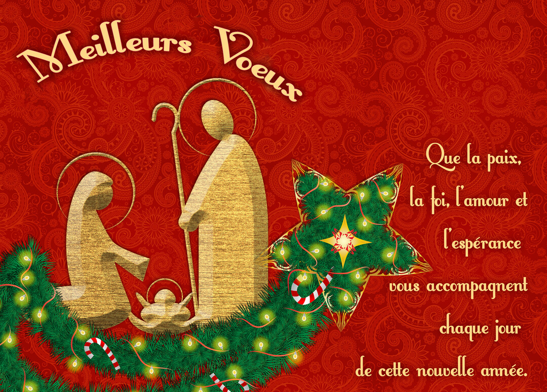 Une scène de la Nativité dorée repose sur des guirlandes de sapin illuminées, sur un fond rouge ornemental avec un message de vœux.