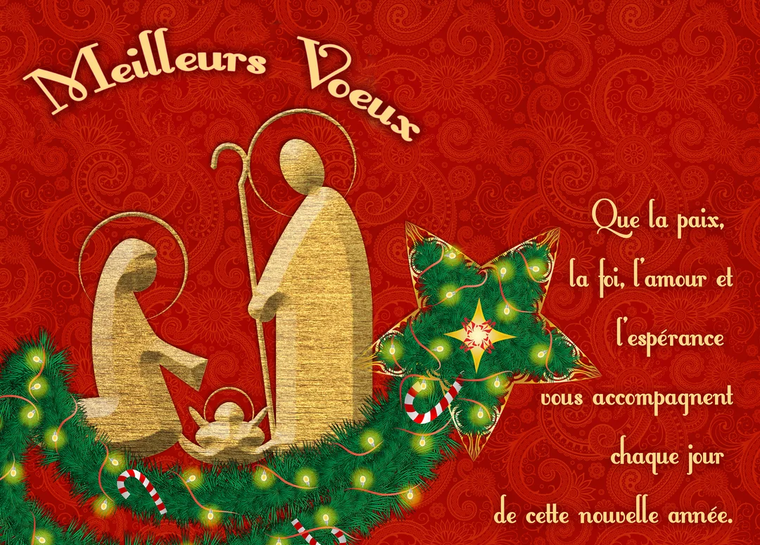 Une scène de la Nativité dorée repose sur des guirlandes de sapin illuminées, sur un fond rouge ornemental avec un message de vœux.