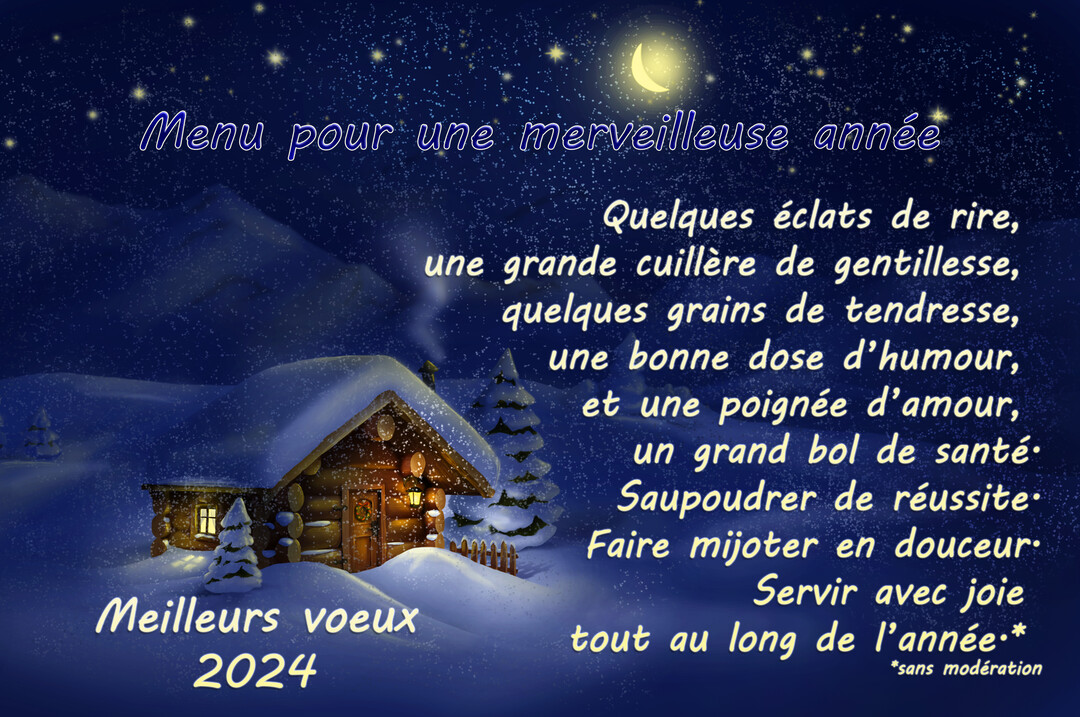 Un chalet en bois illuminé sous un ciel nocturne étoilé et enneigé, avec un poème pour la nouvelle année superposé sur cette jolie carte.