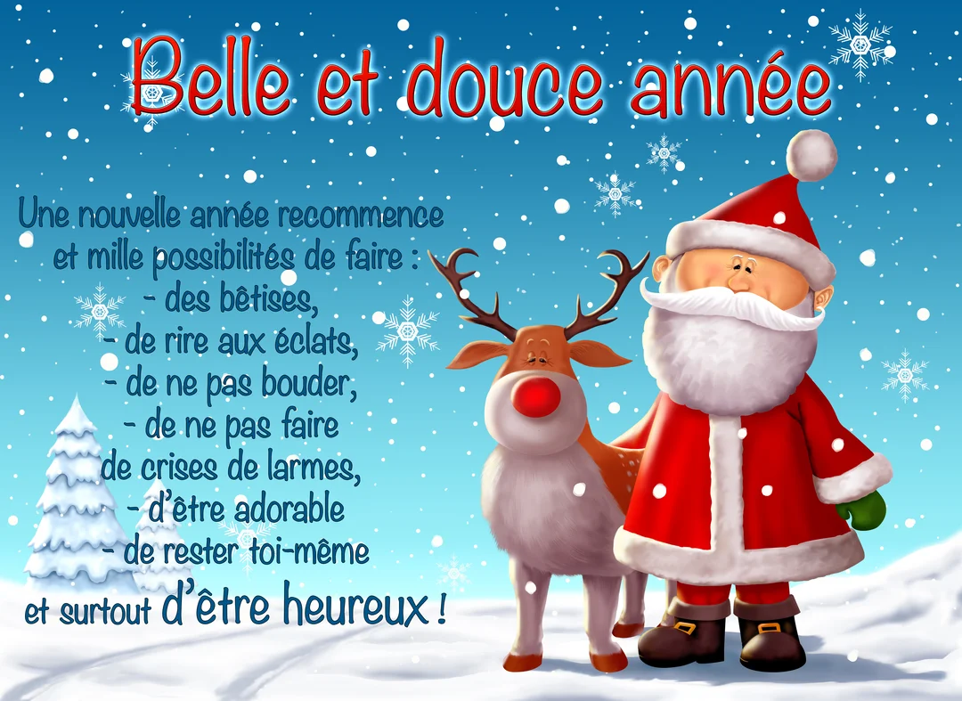 Une illustration colorée du Père Noël et de son renne au nez rouge, debout dans un paysage enneigé sous des flocons qui tombent.