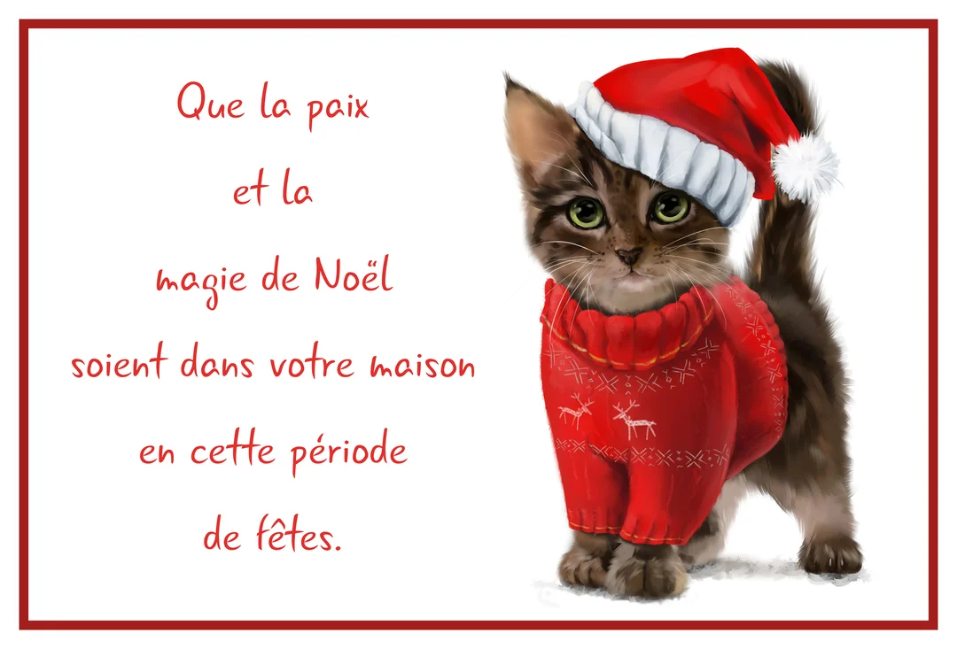 Un adorable chaton tigré aux yeux verts, coiffé d'un bonnet de Noël, porte un pull rouge avec des motifs de rennes.