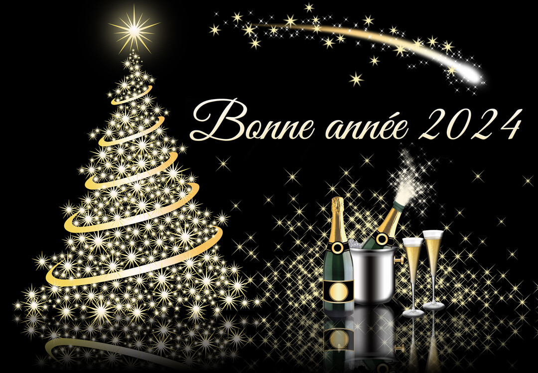 Une illustration festive du Nouvel An sur fond noir, montrant un sapin stylisé d'étoiles dorées, du champagne et une étoile filante scintillante.