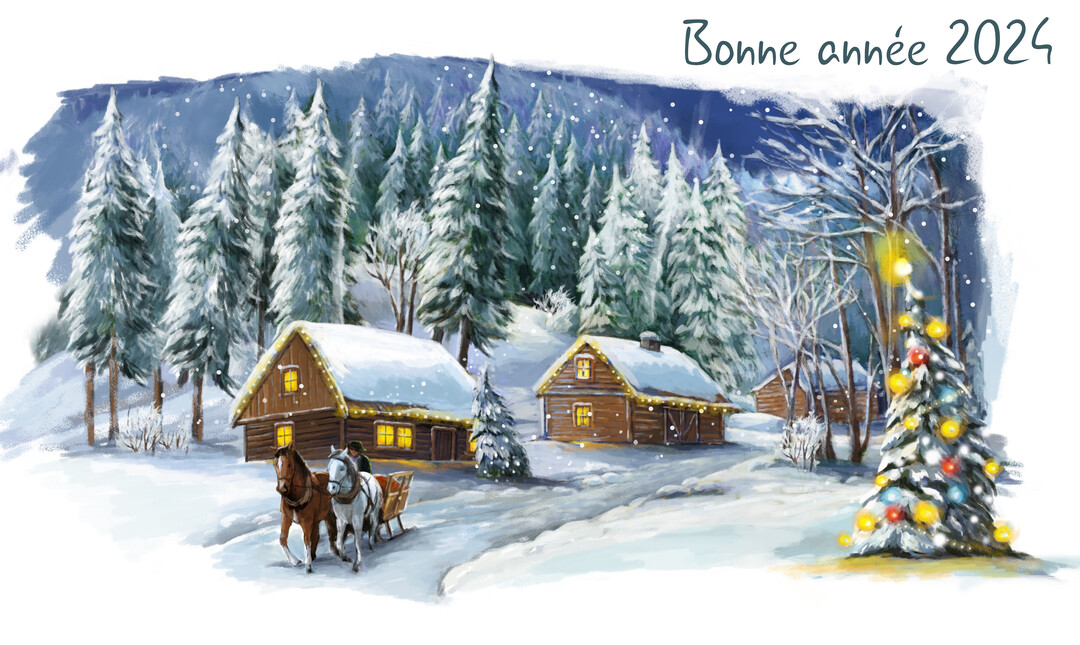 Une illustration de style peinture d'un paysage nocturne enneigé, avec des chalets en bois illuminés, une forêt et un traîneau tiré par deux chevaux.