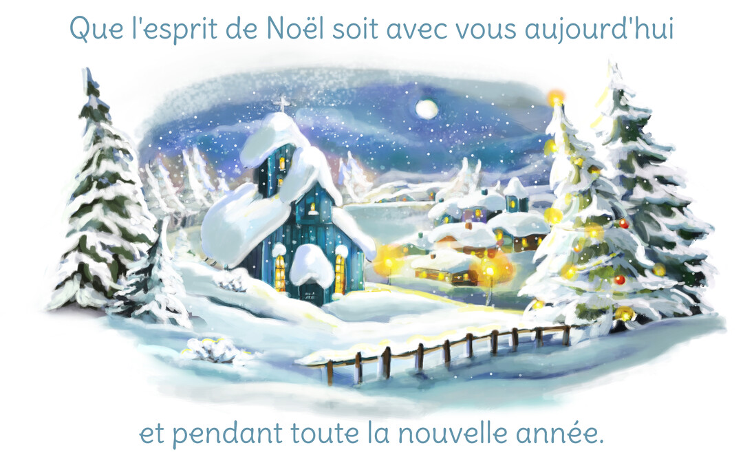 Une illustration nocturne d'un village pittoresque sous la neige, avec une église et des maisons illuminées, dans une ambiance de Noël paisible.