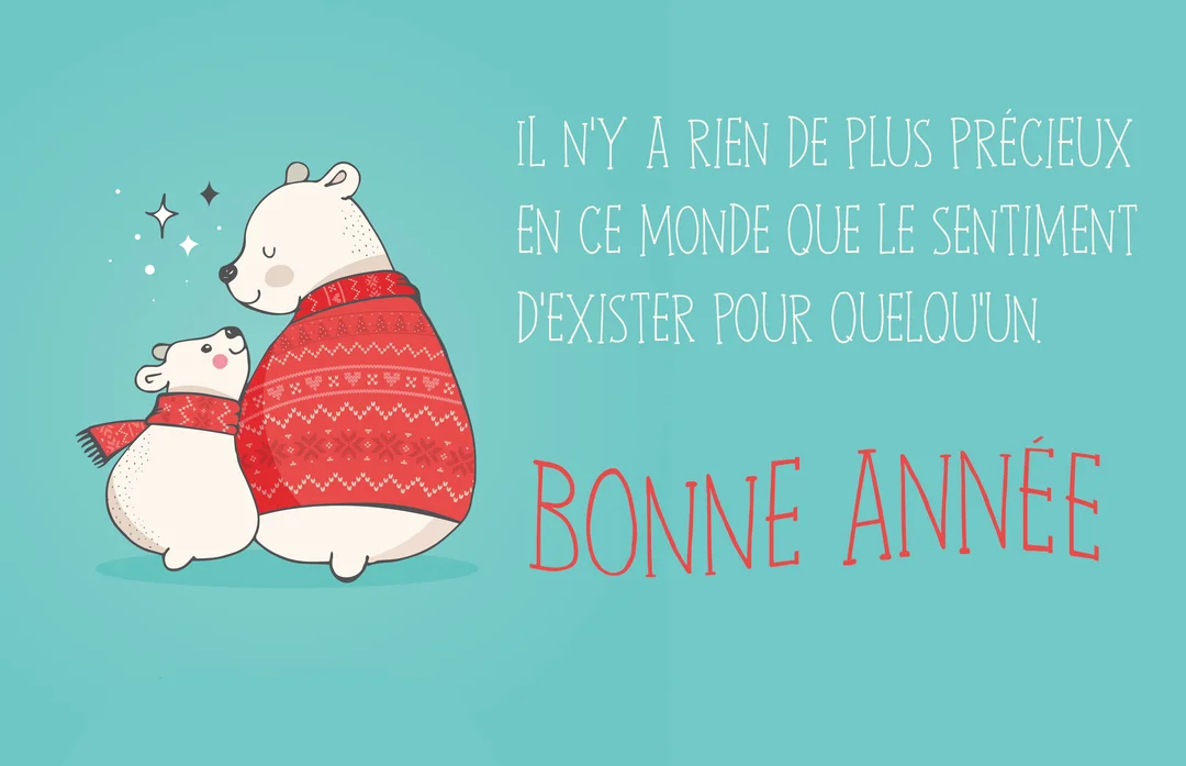 Sur un fond turquoise, un ours polaire adulte et un ourson en vêtements d'hiver se regardent tendrement à côté d'une citation touchante.