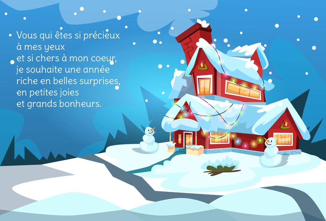Une illustration d'une maison rouge de style dessin animé couverte de neige et de guirlandes lumineuses, avec deux bonshommes de neige, sous un ciel nocturne.