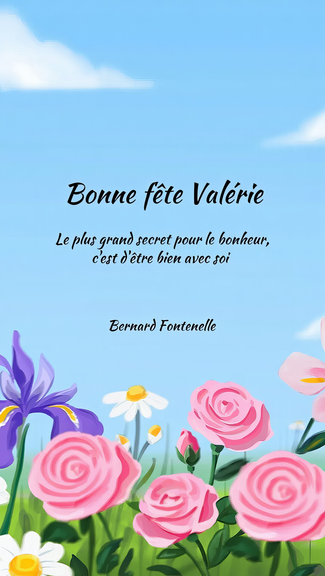 Une carte de vœux verticale montrant un parterre de fleurs colorées sous un ciel bleu avec un texte et une citation philosophique au centre.