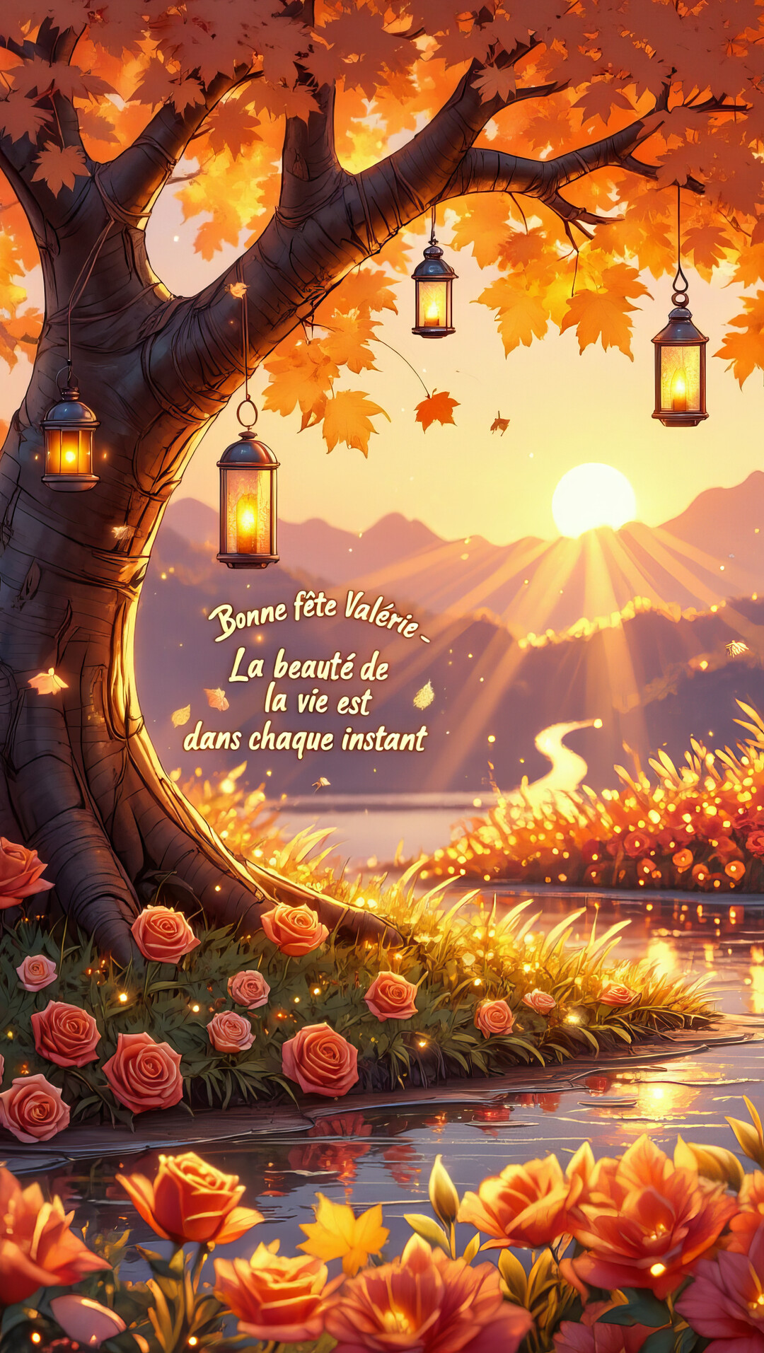 Paysage automnal onirique avec un grand arbre, des lanternes lumineuses, des roses au bord de l'eau et un soleil couchant sur les montagnes.