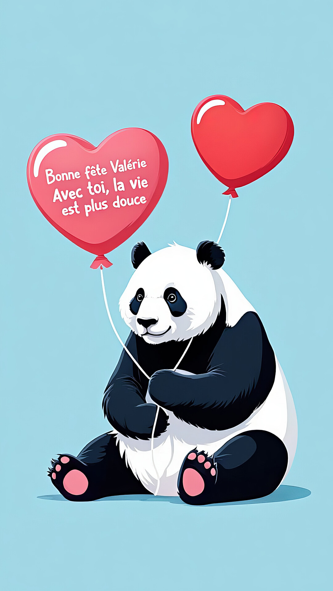 Un adorable panda noir et blanc est assis sur un fond bleu clair, tenant les fils de deux ballons rouges en forme de cœur.