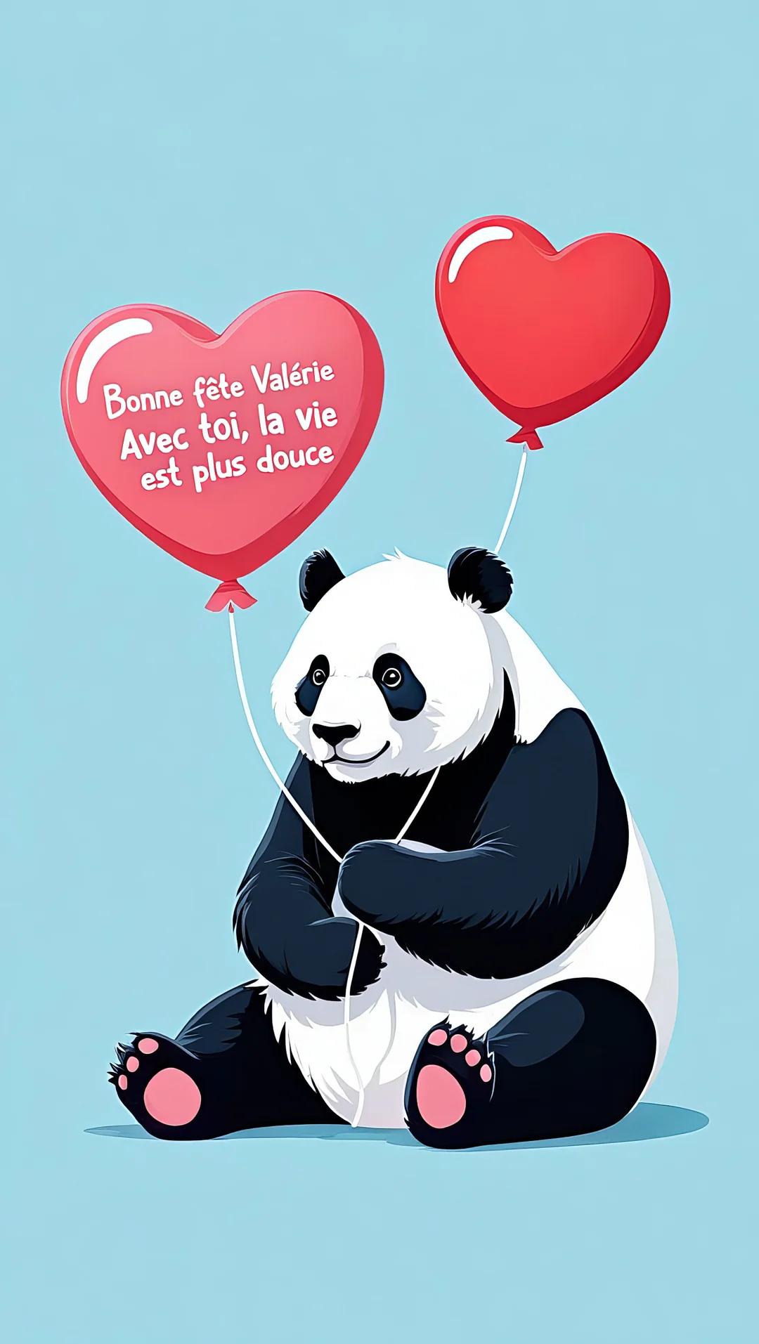 Un adorable panda noir et blanc est assis sur un fond bleu clair, tenant les fils de deux ballons rouges en forme de cœur.