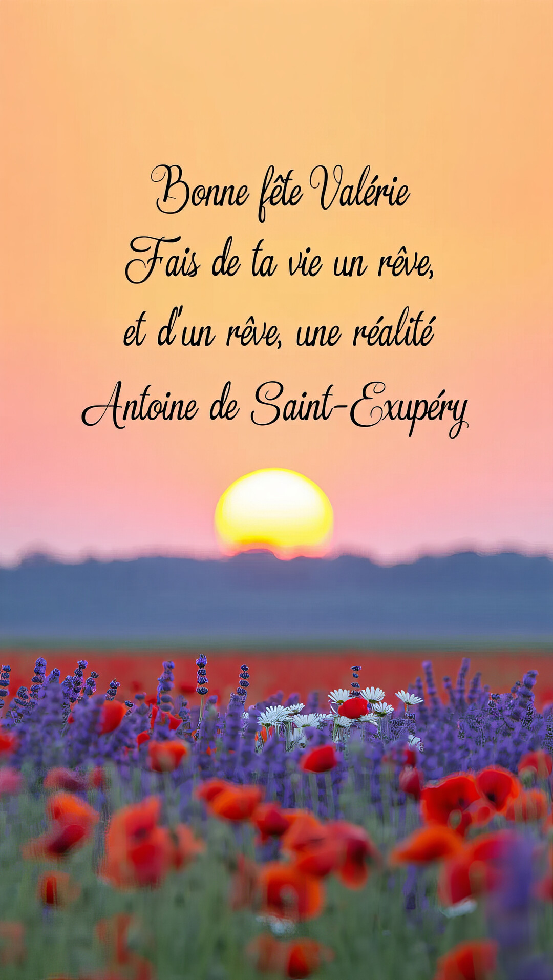 Une carte de bonne fête avec une citation sur un paysage de champ fleuri, sous un ciel orangé au lever du soleil.