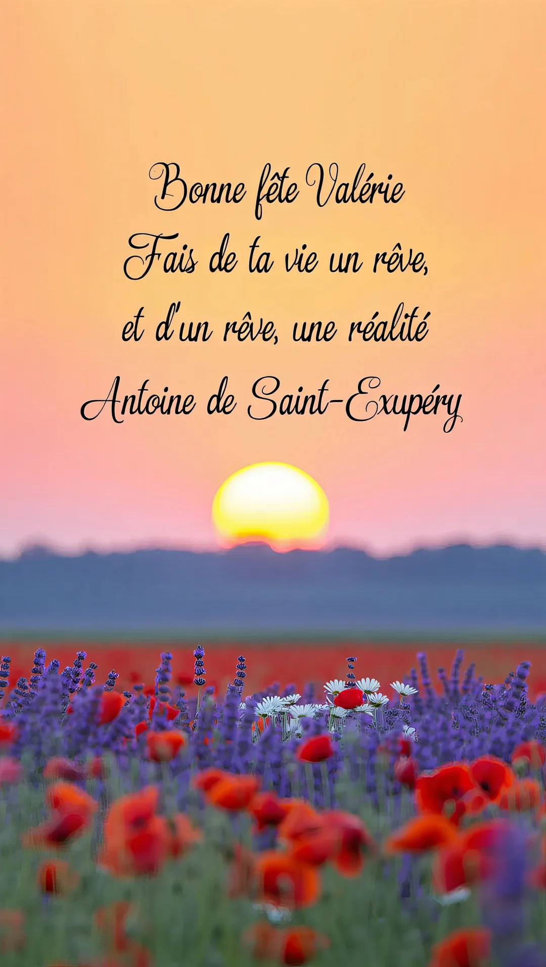 Une carte de bonne fête avec une citation sur un paysage de champ fleuri, sous un ciel orangé au lever du soleil.