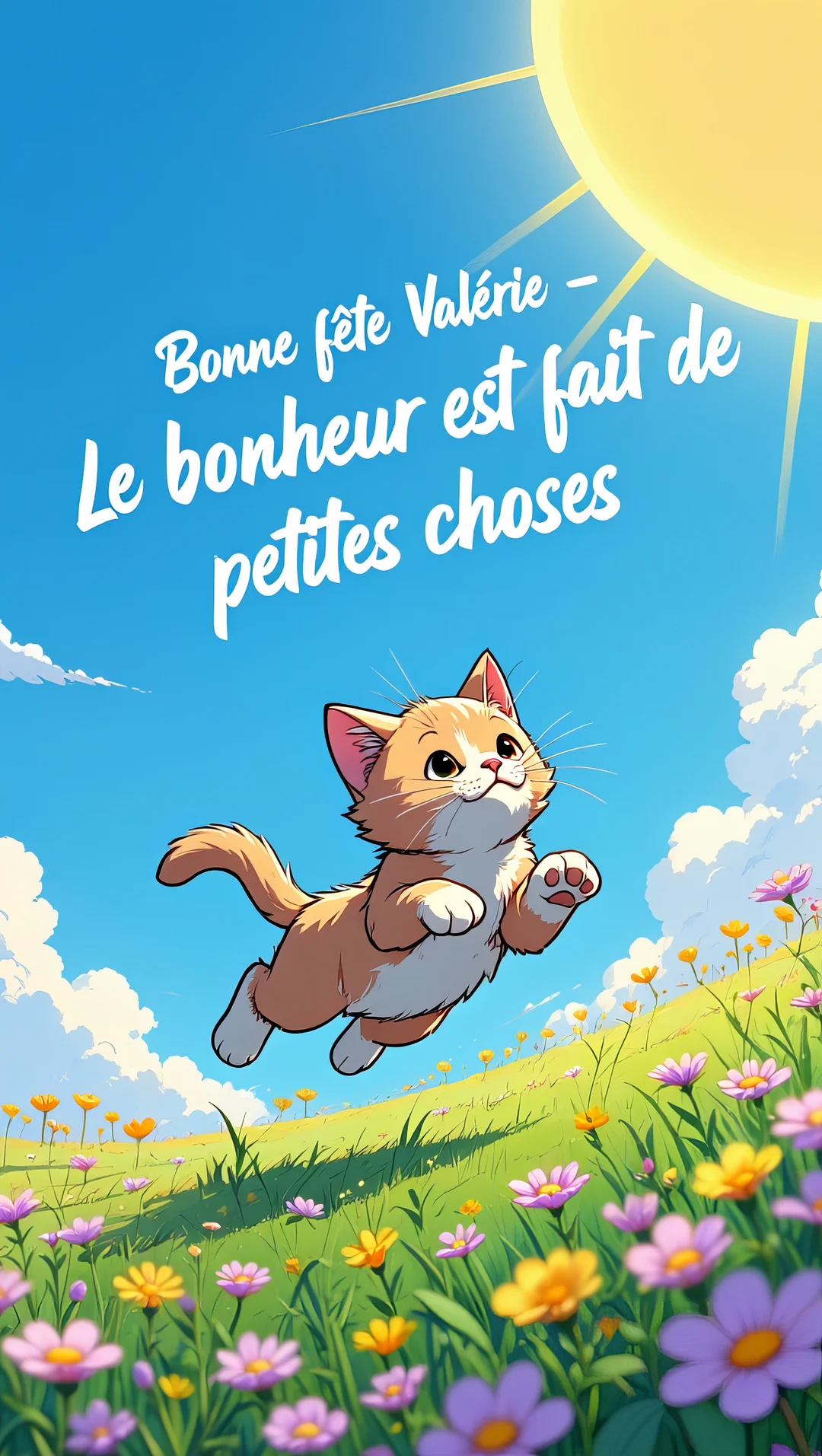 Un chaton roux de style dessin animé sourit et bondit dans une prairie fleurie, sous un grand soleil et un ciel bleu vif.