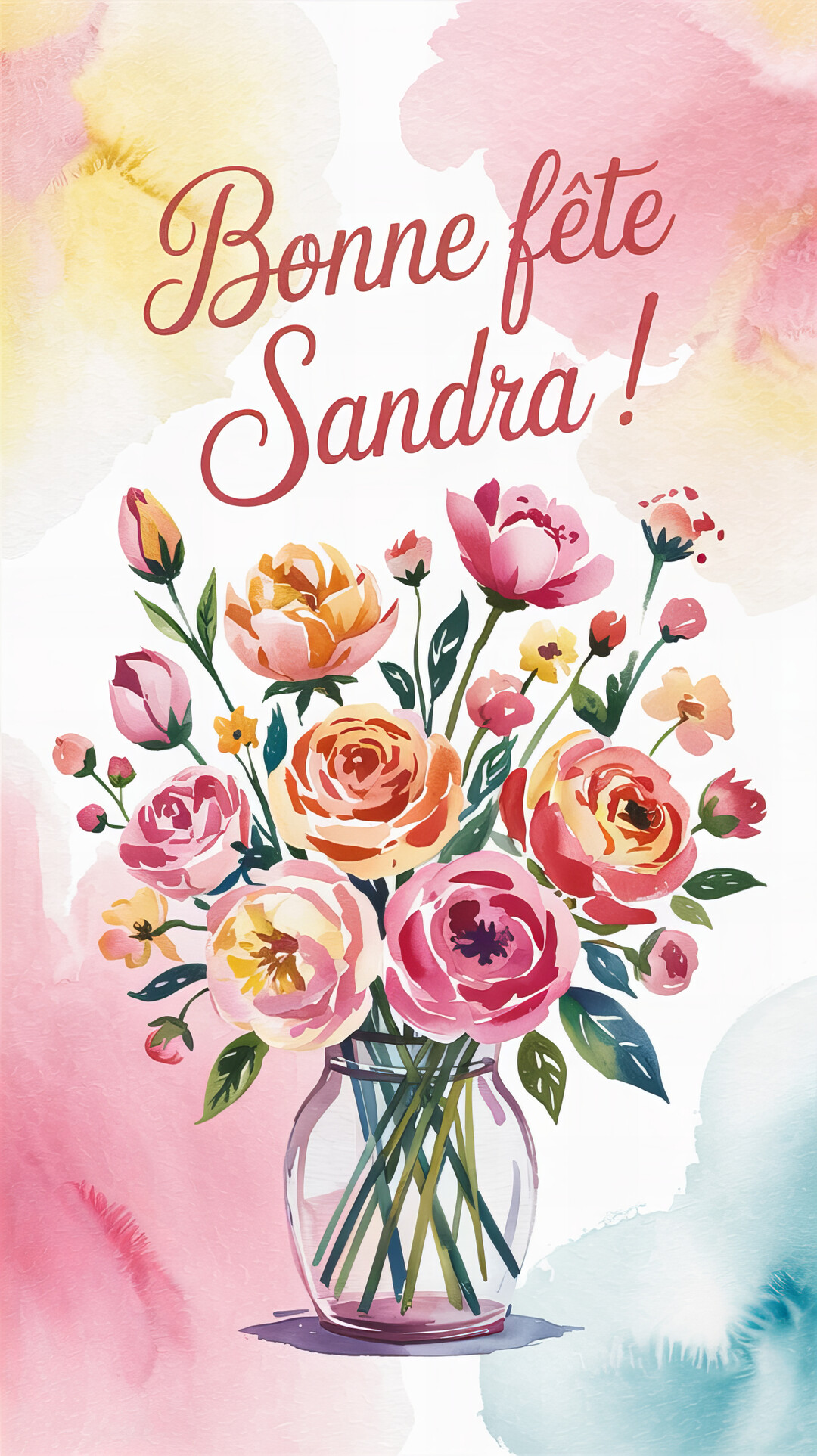 Une illustration à l'aquarelle représente un vase rempli de fleurs roses et jaunes, avec le texte calligraphié 'Bonne fête Sandra !' au-dessus.
