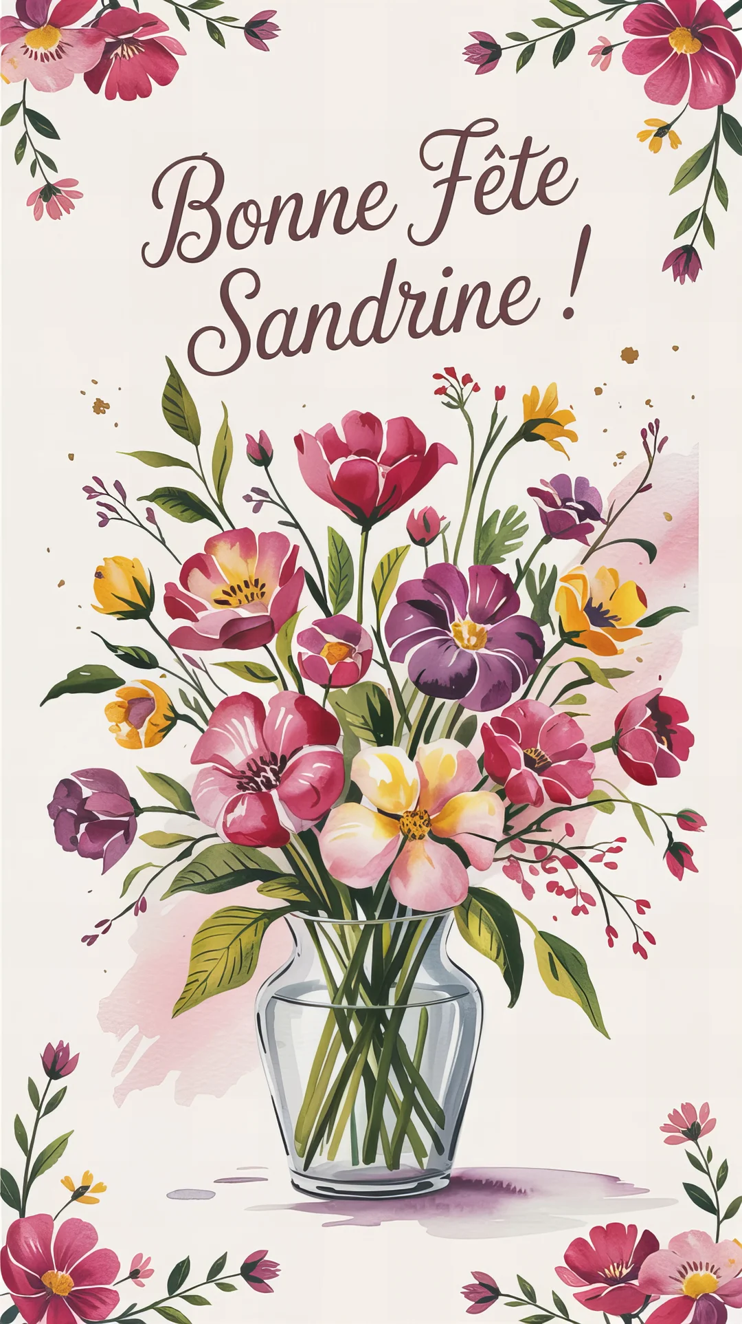 Une illustration à l'aquarelle montrant un vase rempli d'un bouquet de fleurs roses, violettes et jaunes, avec l'inscription 'Bonne Fête Sandrine !'.
