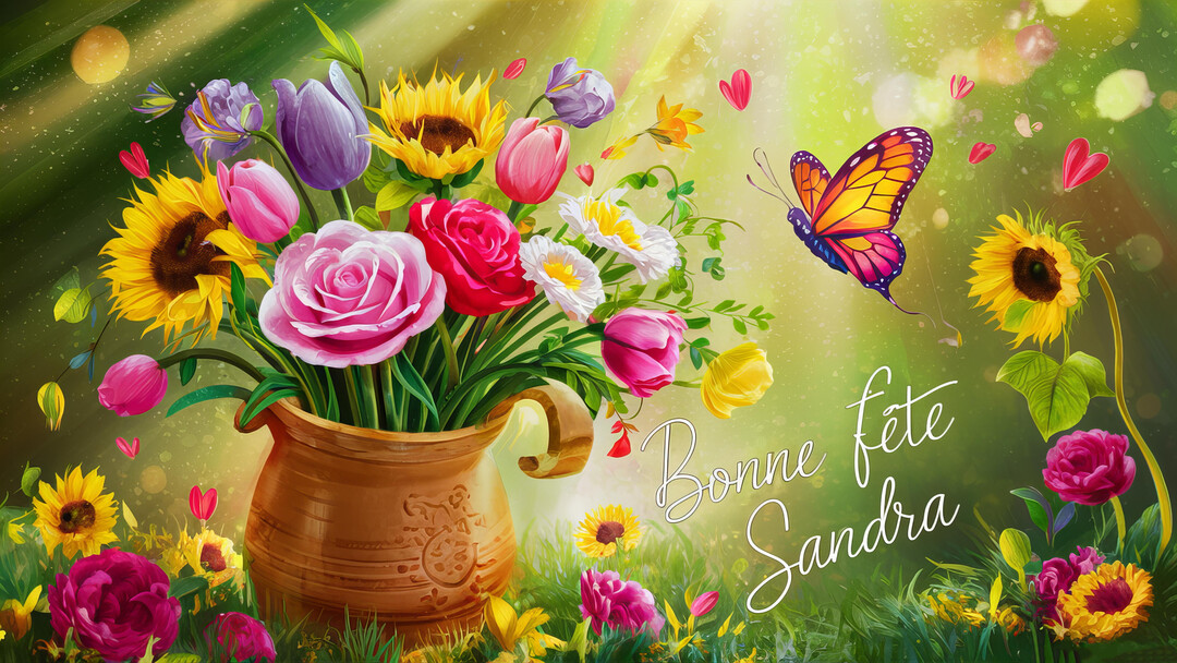 Une illustration éclatante d'un bouquet de fleurs champêtres dans un vase, avec un papillon s'en approchant, sur fond de jardin verdoyant et ensoleillé.