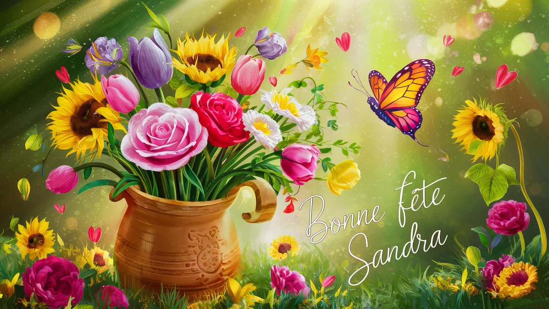 Une illustration éclatante d'un bouquet de fleurs champêtres dans un vase, avec un papillon s'en approchant, sur fond de jardin verdoyant et ensoleillé.