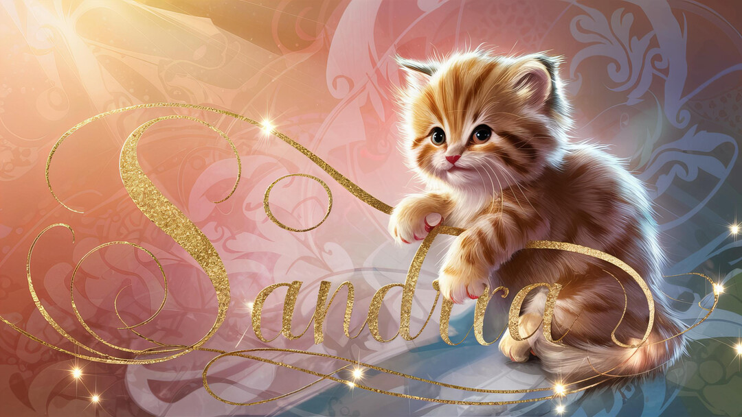 Un chaton roux et pelucheux aux grands yeux est assis à côté du prénom 'Sandra' écrit en lettres dorées sur un fond rose et orangé.