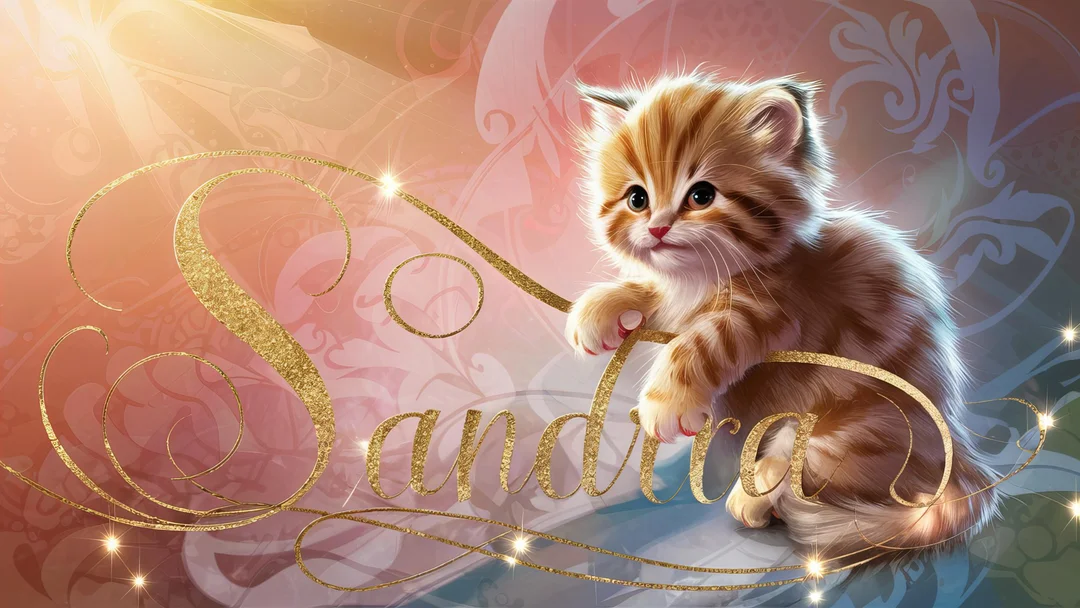 Un chaton roux et pelucheux aux grands yeux est assis à côté du prénom 'Sandra' écrit en lettres dorées sur un fond rose et orangé.