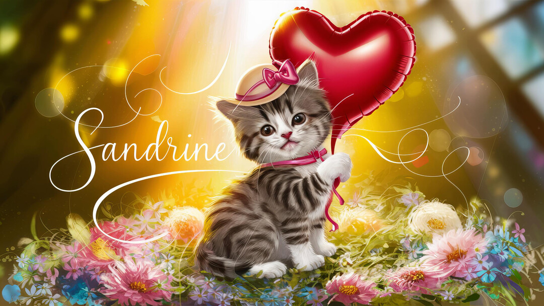 Un chaton coquet avec un chapeau est assis parmi des fleurs, tenant un ballon en cœur sous une lumière dorée, avec le prénom 'Sandrine'.