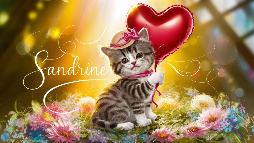 Un chaton coquet avec un chapeau est assis parmi des fleurs, tenant un ballon en cœur sous une lumière dorée, avec le prénom 'Sandrine'.