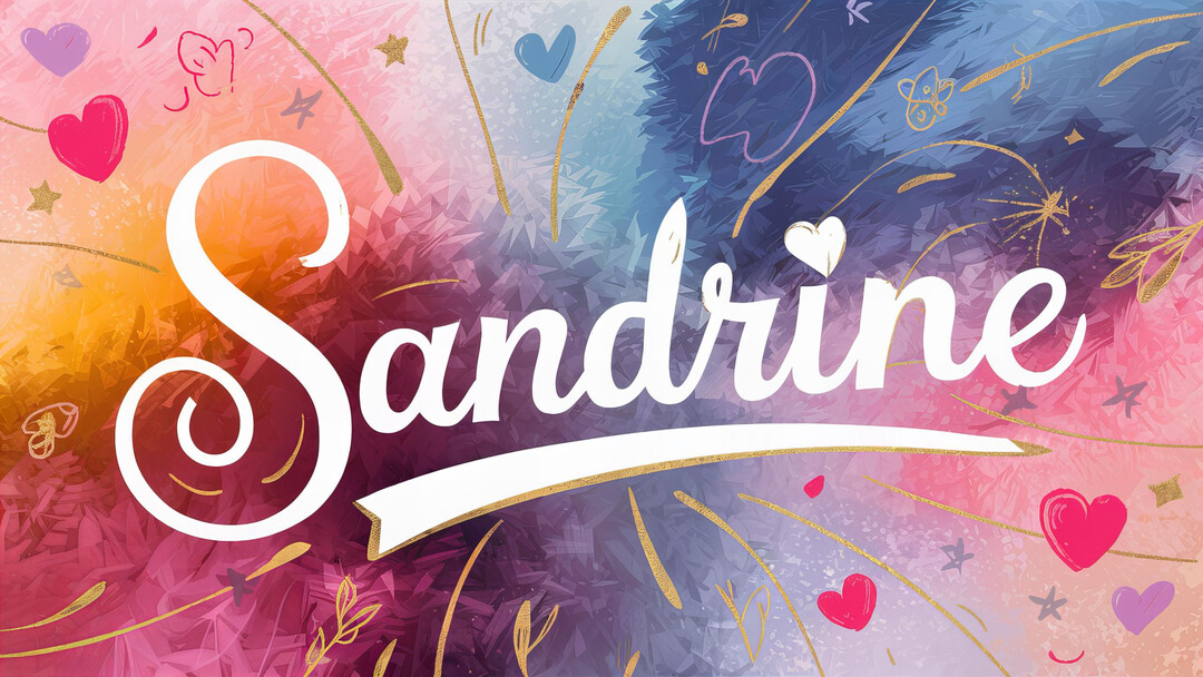 Le prénom Sandrine est calligraphié en blanc sur un fond abstrait multicolore, entouré de cœurs, étoiles et traits dorés de célébration.