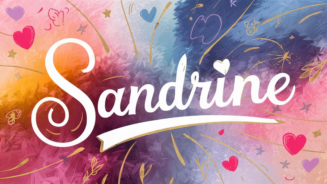 Le prénom Sandrine est calligraphié en blanc sur un fond abstrait multicolore, entouré de cœurs, étoiles et traits dorés de célébration.