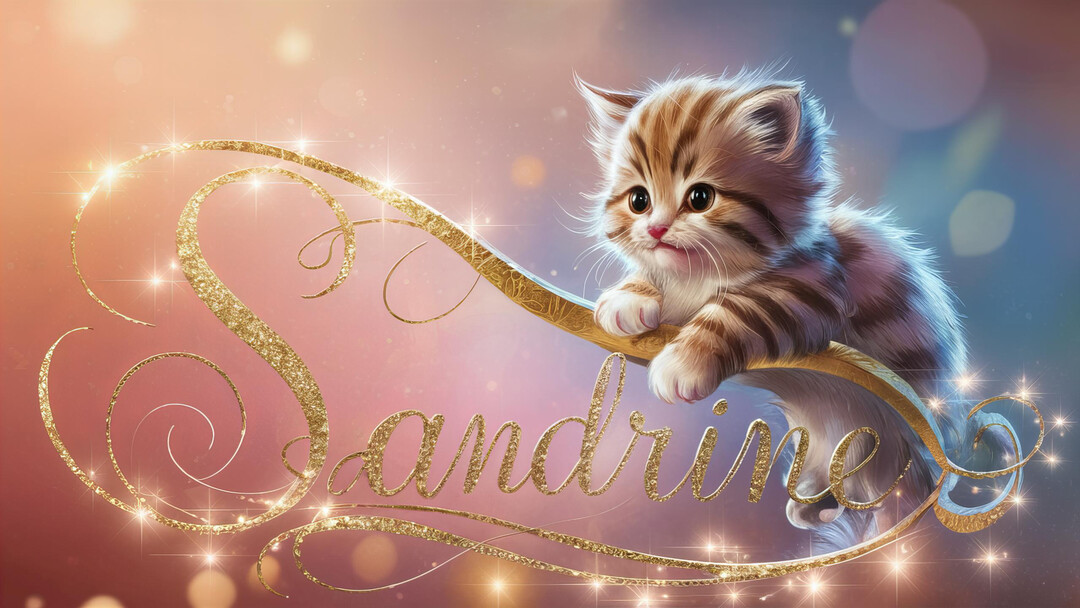 Un chaton tigré est délicatement posé sur des arabesques dorées formant le prénom Sandrine, sur un fond onirique et scintillant.