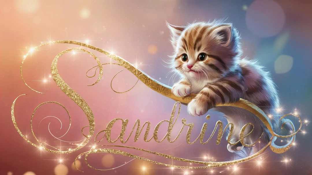 Un chaton tigré est délicatement posé sur des arabesques dorées formant le prénom Sandrine, sur un fond onirique et scintillant.