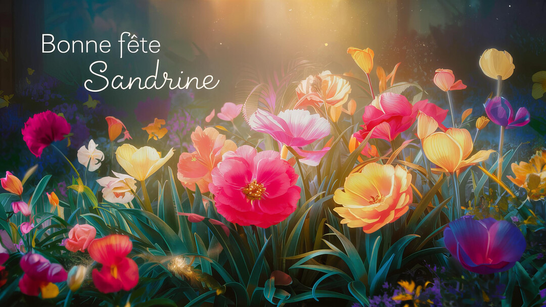 Une illustration d'un parterre de fleurs multicolores (roses, jaunes, violettes) dans un jardin féerique, avec le texte 'Bonne fête Sandrine' en blanc.