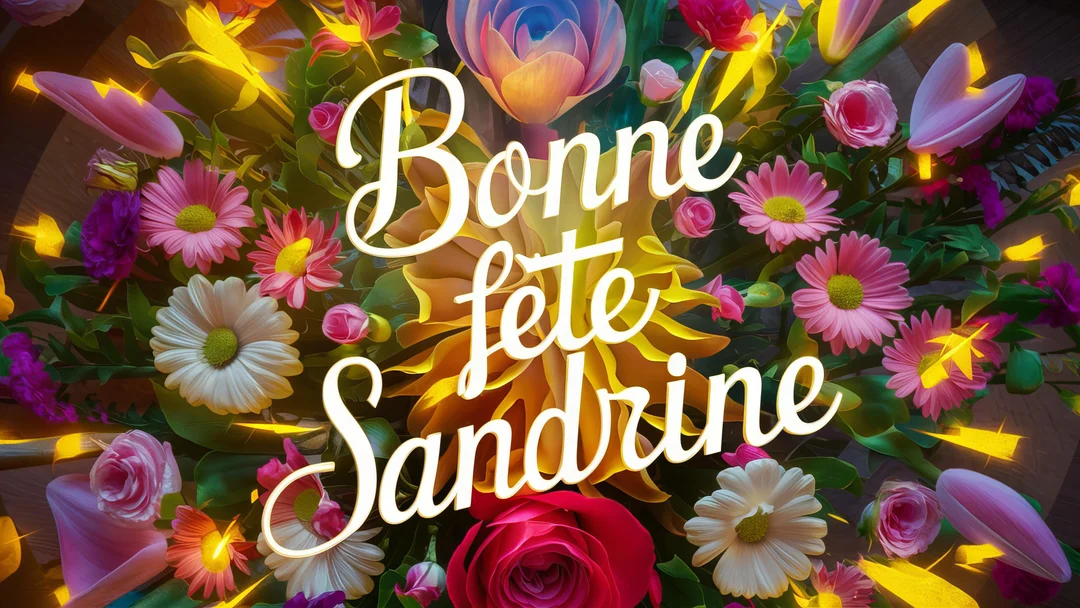 Une composition florale dense et multicolore vue de dessus, avec le texte 'Bonne fête Sandrine' inscrit au centre en écriture cursive blanche.