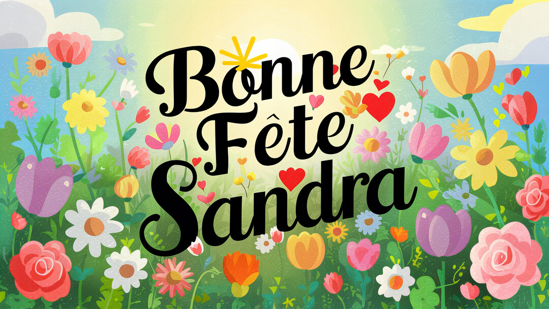 Une illustration joyeuse montrant le texte "Bonne Fête Sandra" en noir au-dessus d'un parterre de fleurs variées et colorées, sous un ciel lumineux.